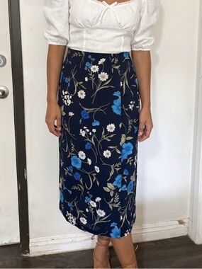 Element Navy Floral Midi Skirt with Blue and White Blooms